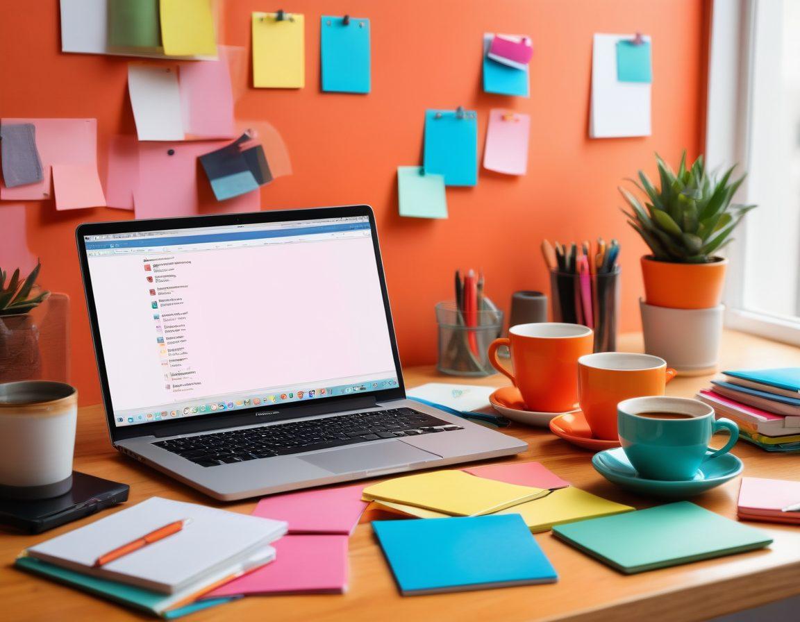 A vibrant workspace filled with a laptop, colorful notepads, and coffee cups, symbolizing blogging and content creation. The background showcases digital icons representing various RCS platforms, infused with a sense of creativity and connectivity. Bright and inviting colors to draw in the viewer, capturing the essence of boosting online presence. super-realistic. vibrant colors.