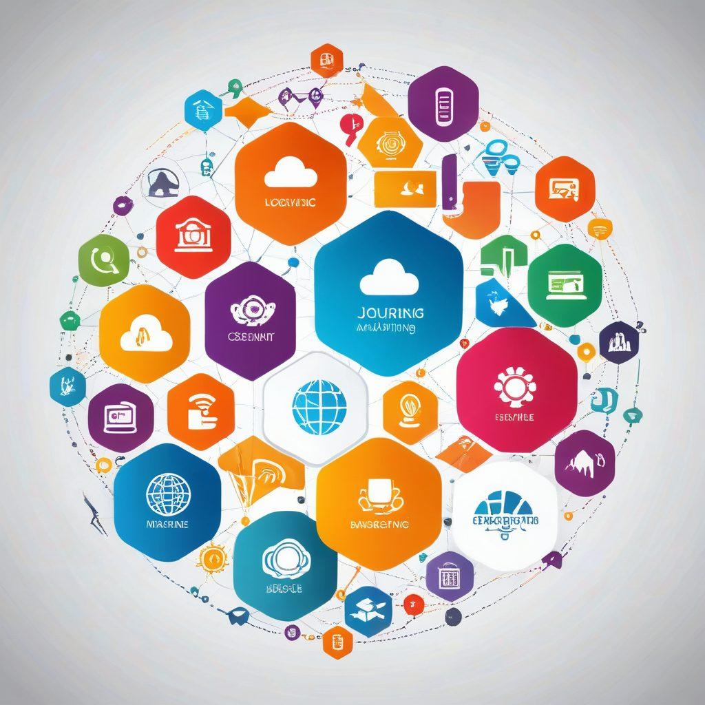 A dynamic collage illustrating the journey from web hosting to digital marketing. Feature a sleek, modern server symbolizing robust hosting on one side, transitioning into vibrant marketing tools like analytics graphs, content creation tools, and social media icons on the other side. Incorporate a pathway connecting these elements to signify progression and engagement. Use bold colors and clean lines to reflect technology and creativity. vector art. vibrant colors. white background.